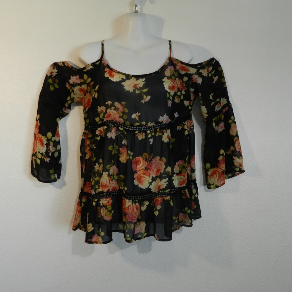 Paper Crane sheer, cold shoulder boat neck 3/4 sleeve rose floral blouse…